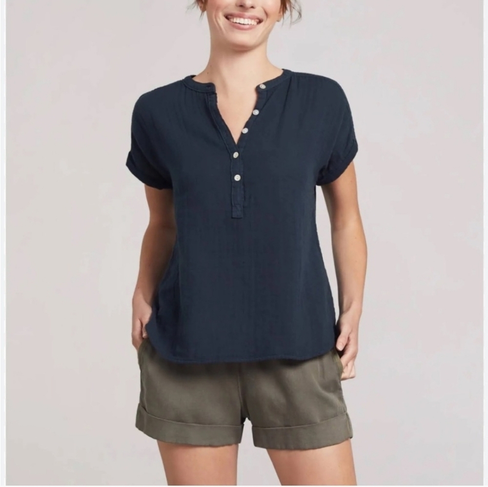 Faherty Navy Short-Sleeve Henley Blouse